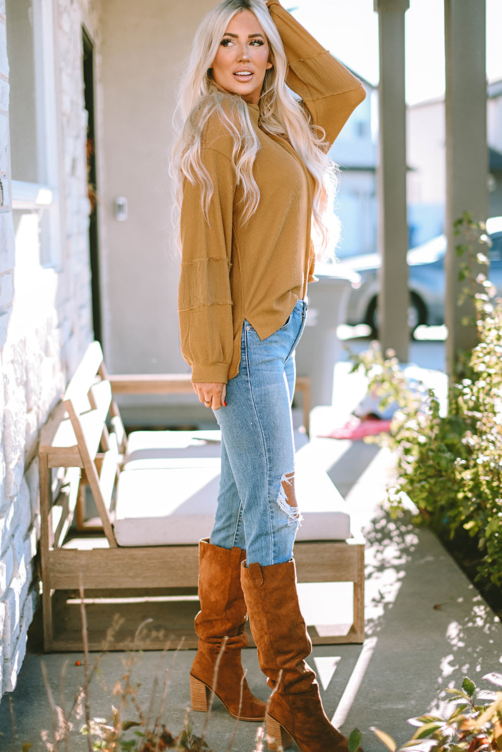 Gray Exposed Seam Patchwork Bubble Sleeve Waffle Knit Top