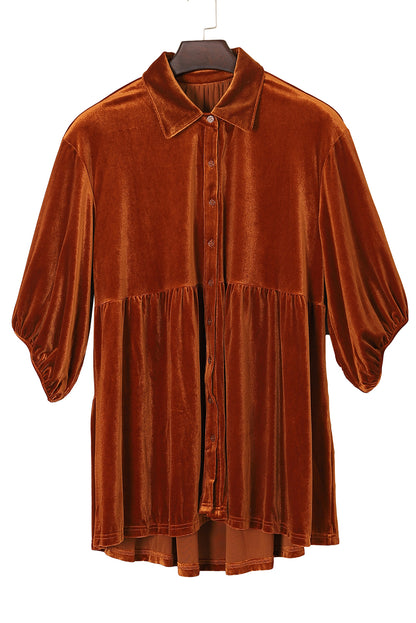 Pale Khaki 3/4 Sleeve Tunic Babydoll Velvet Shirt