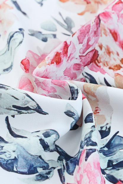White Floral Patchwork Ribbed Maxi Dress with Pockets