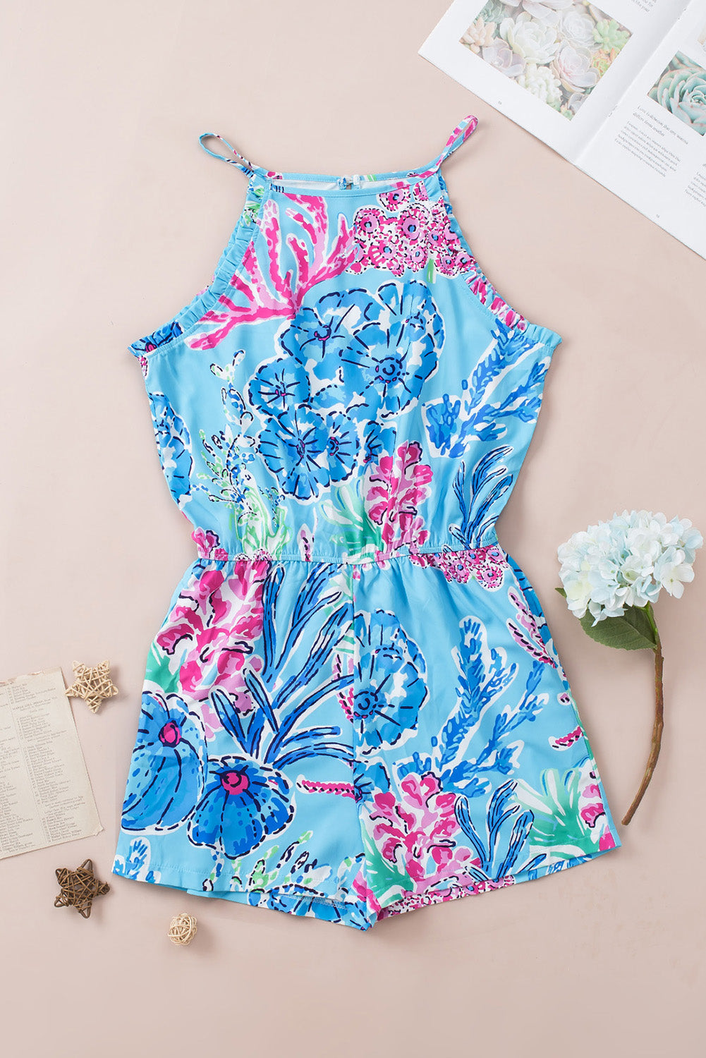 Purple Floral Print Pocketed Frill Sleeveless Romper