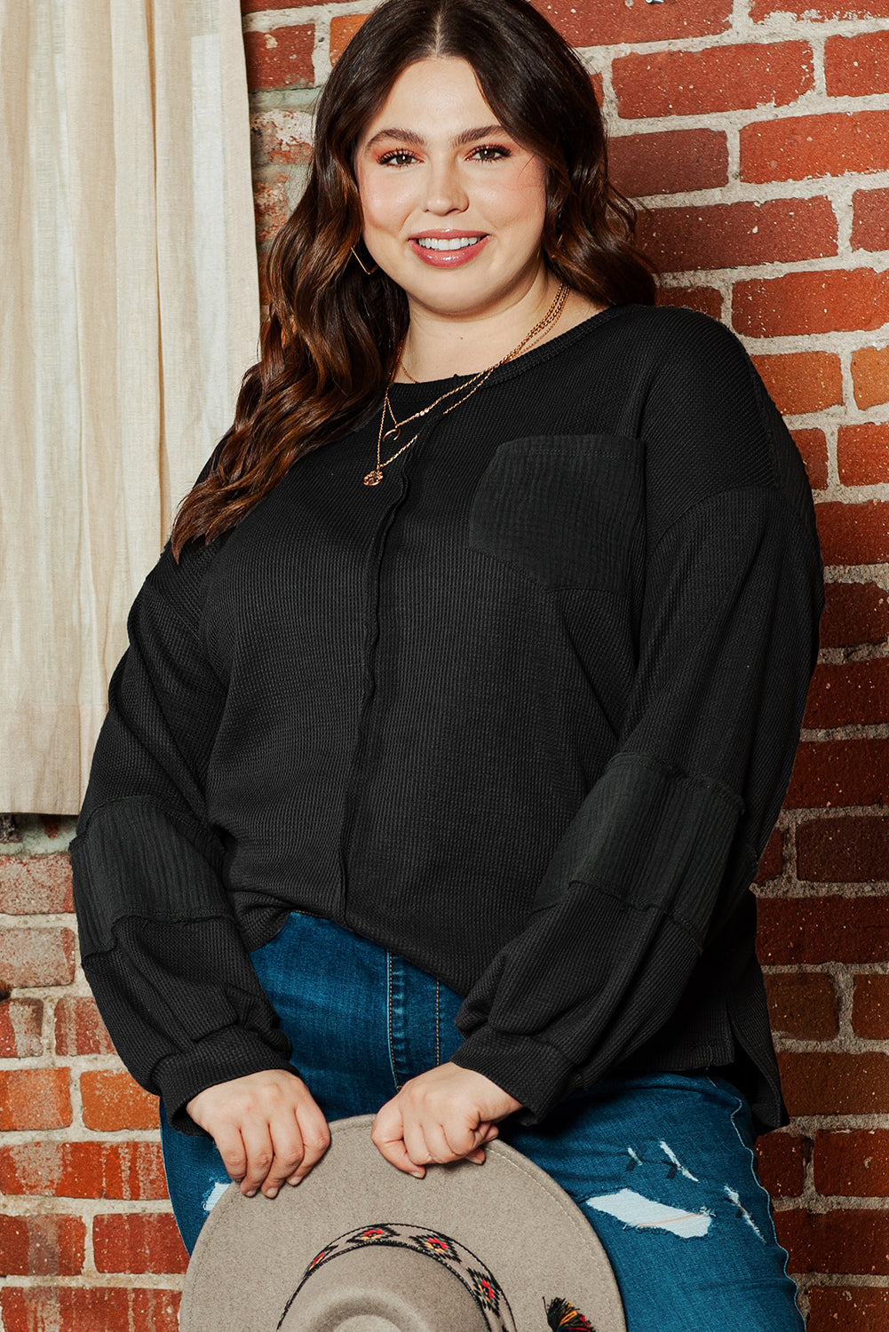 Gray Exposed Seam Patchwork Bubble Sleeve Waffle Knit Top