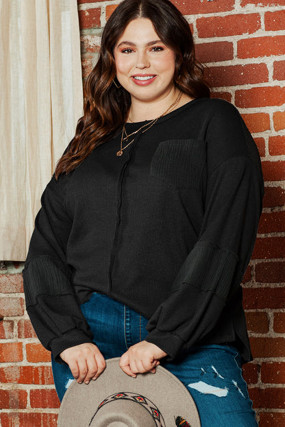 Gray Exposed Seam Patchwork Bubble Sleeve Waffle Knit Top