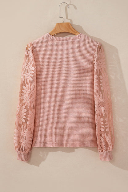 Black Sunflower Mesh Bubble Sleeve Waffle Knit Top