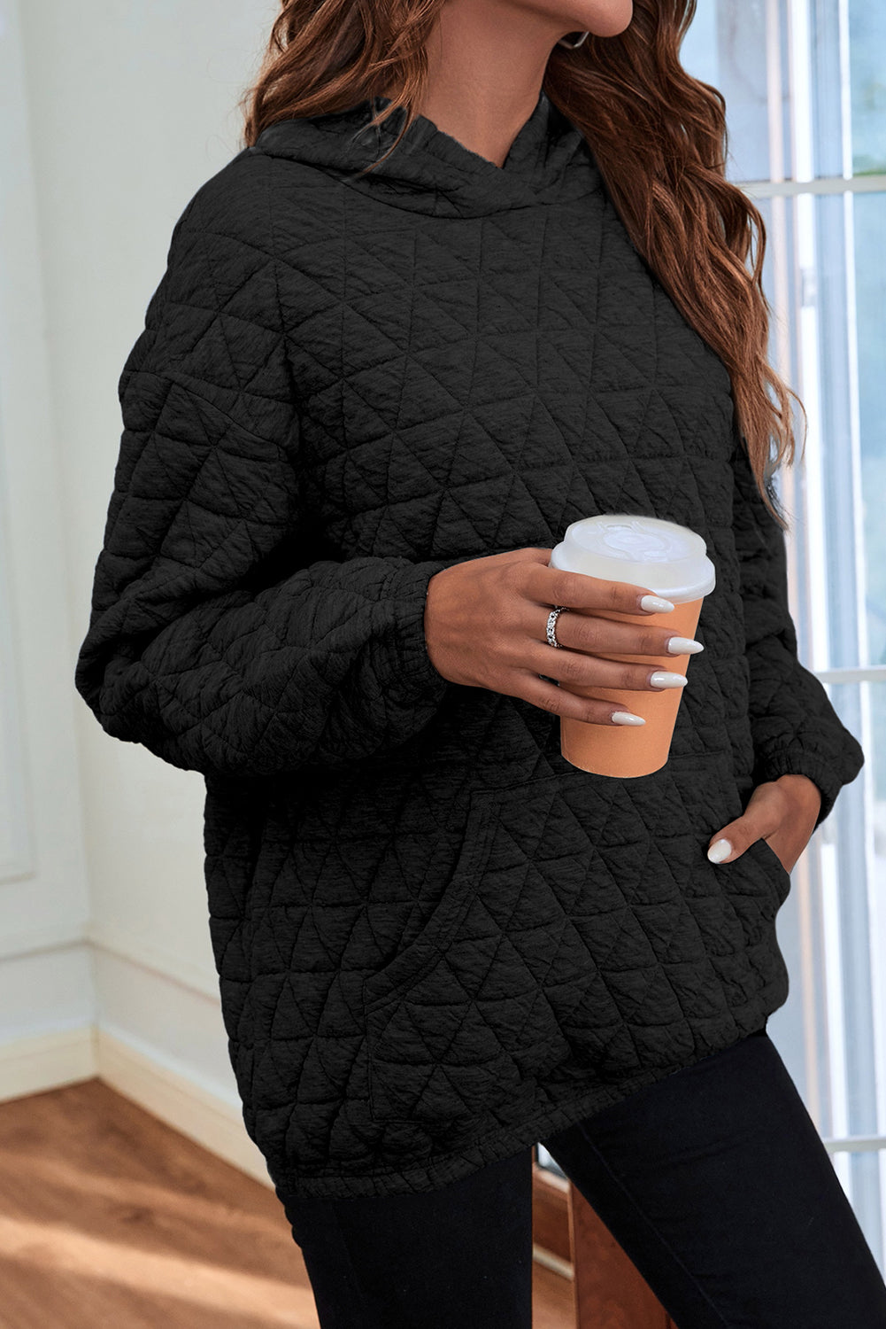 Coffee Solid Color Quilted Kangaroo Pocket Hoodie