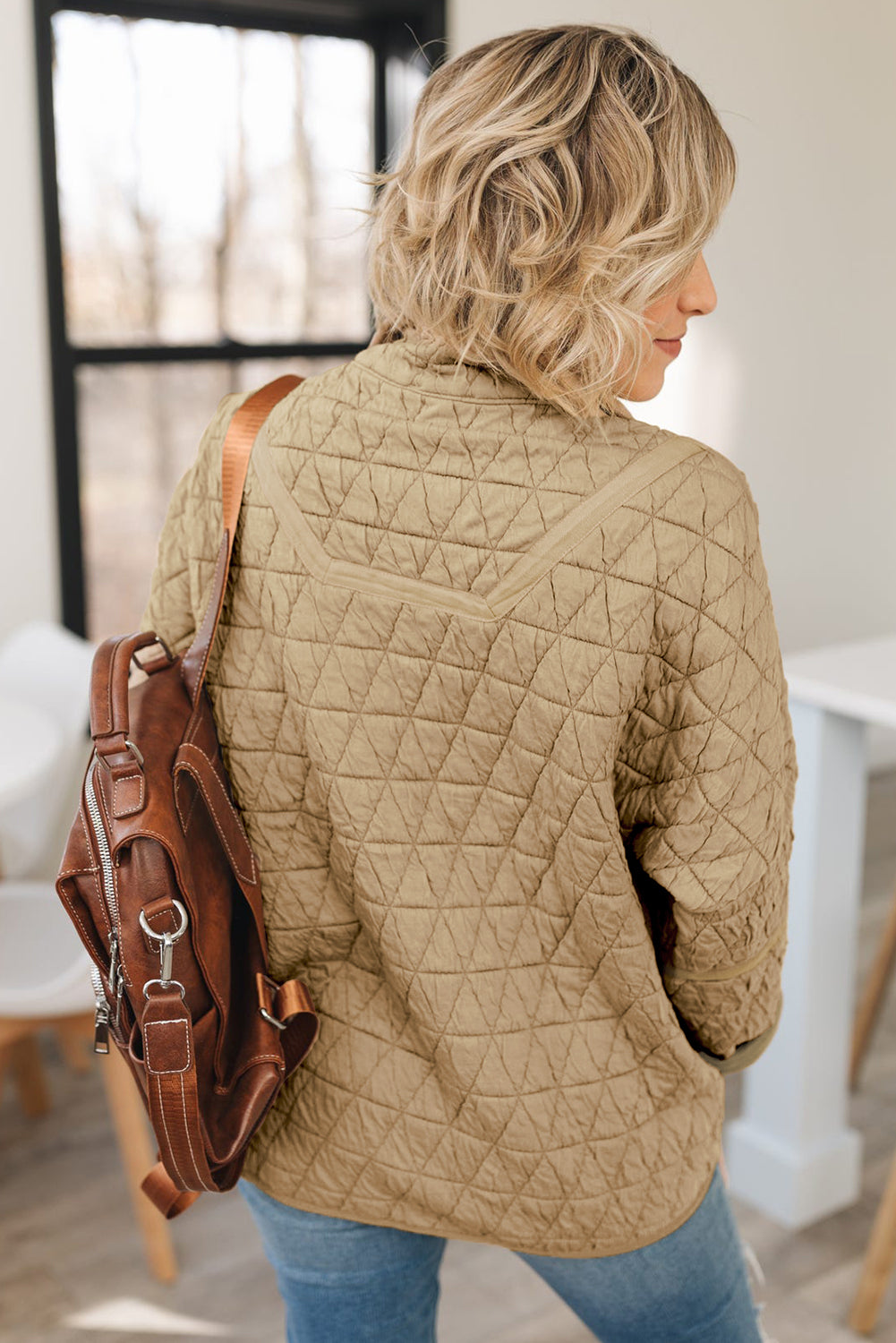 Coffee Solid Color Quilted Kangaroo Pocket Hoodie