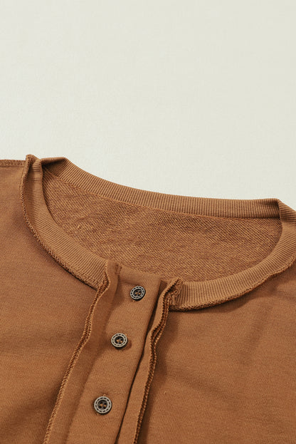 Black Drop Shoulder Henley Buttons Sweatshirt