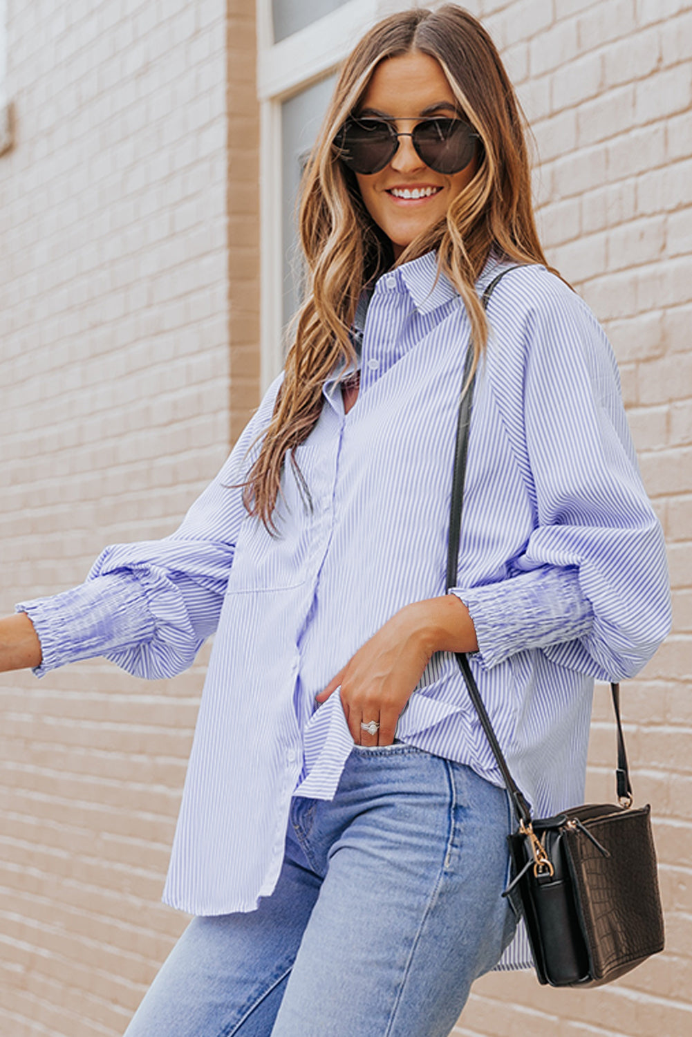Pink Smocked Cuffed Striped Boyfriend Shirt with Pocket