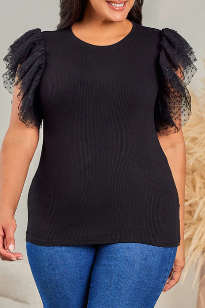 Black Dotty Mesh Ruffle Sleeve Ribbed Knit Top