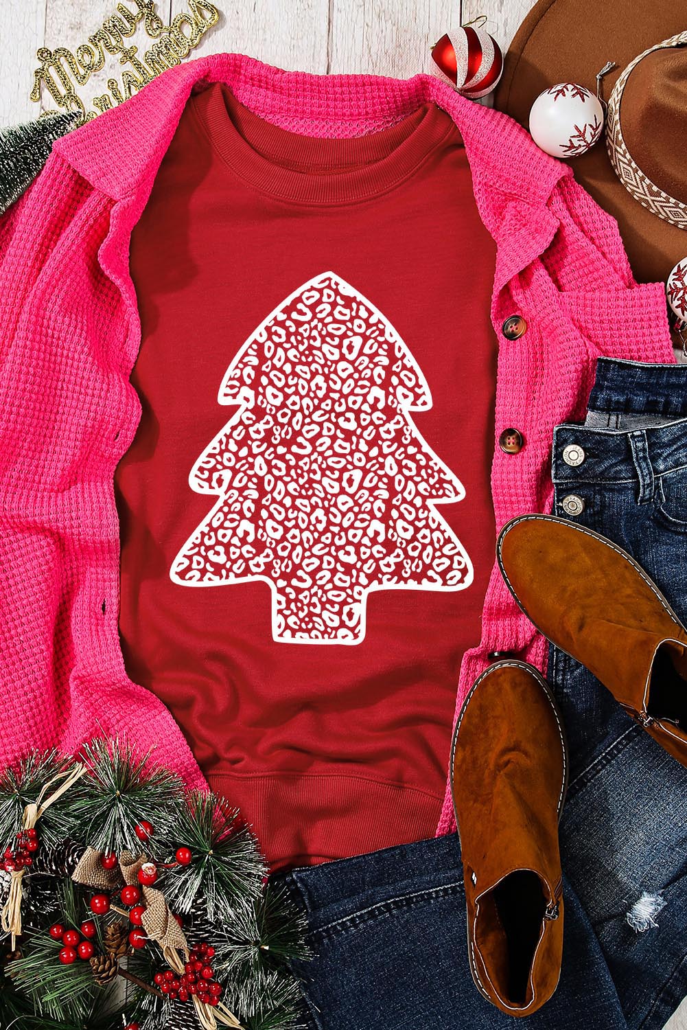 Pink MERRY Alphabet Print Loose Fit Christmas Sweatshirt
