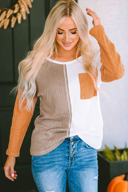 Black Long Sleeve Colorblock Chest Pocket Textured Knit Top