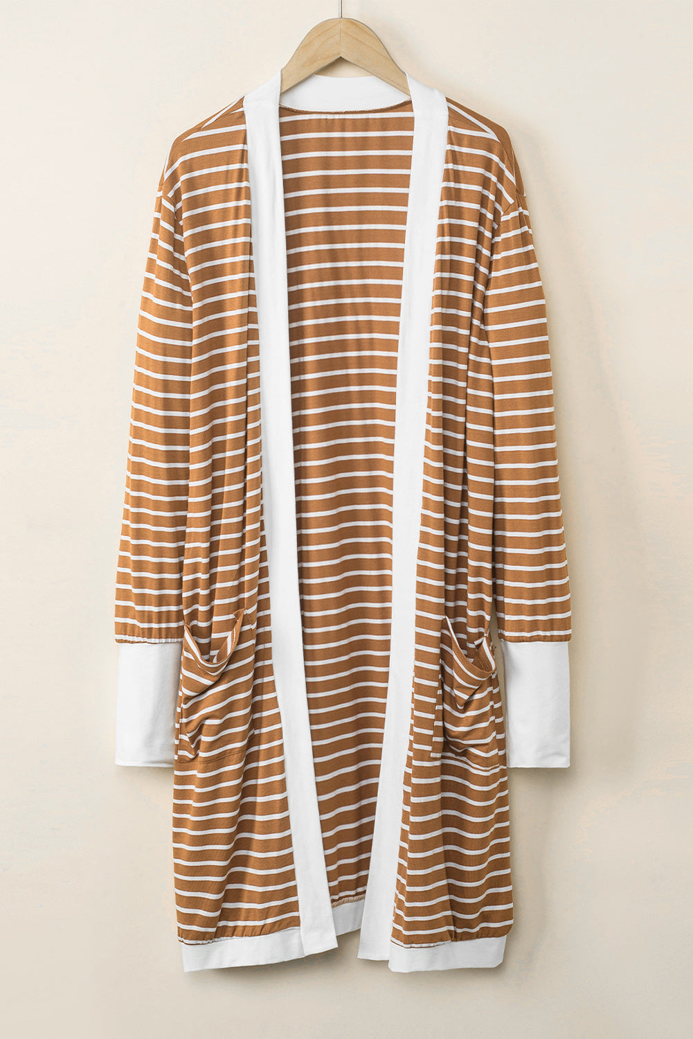 White Striped Side Pockets Open Front Cardigan