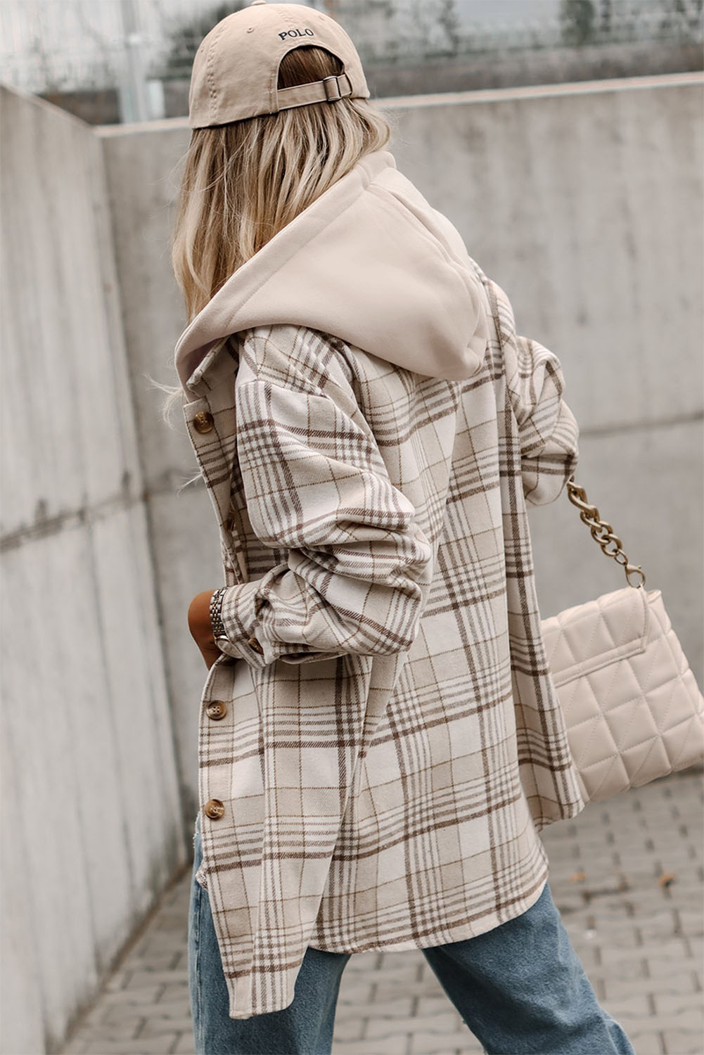 Khaki Printed Plus Size Plaid Print Contrast Hooded Shacket