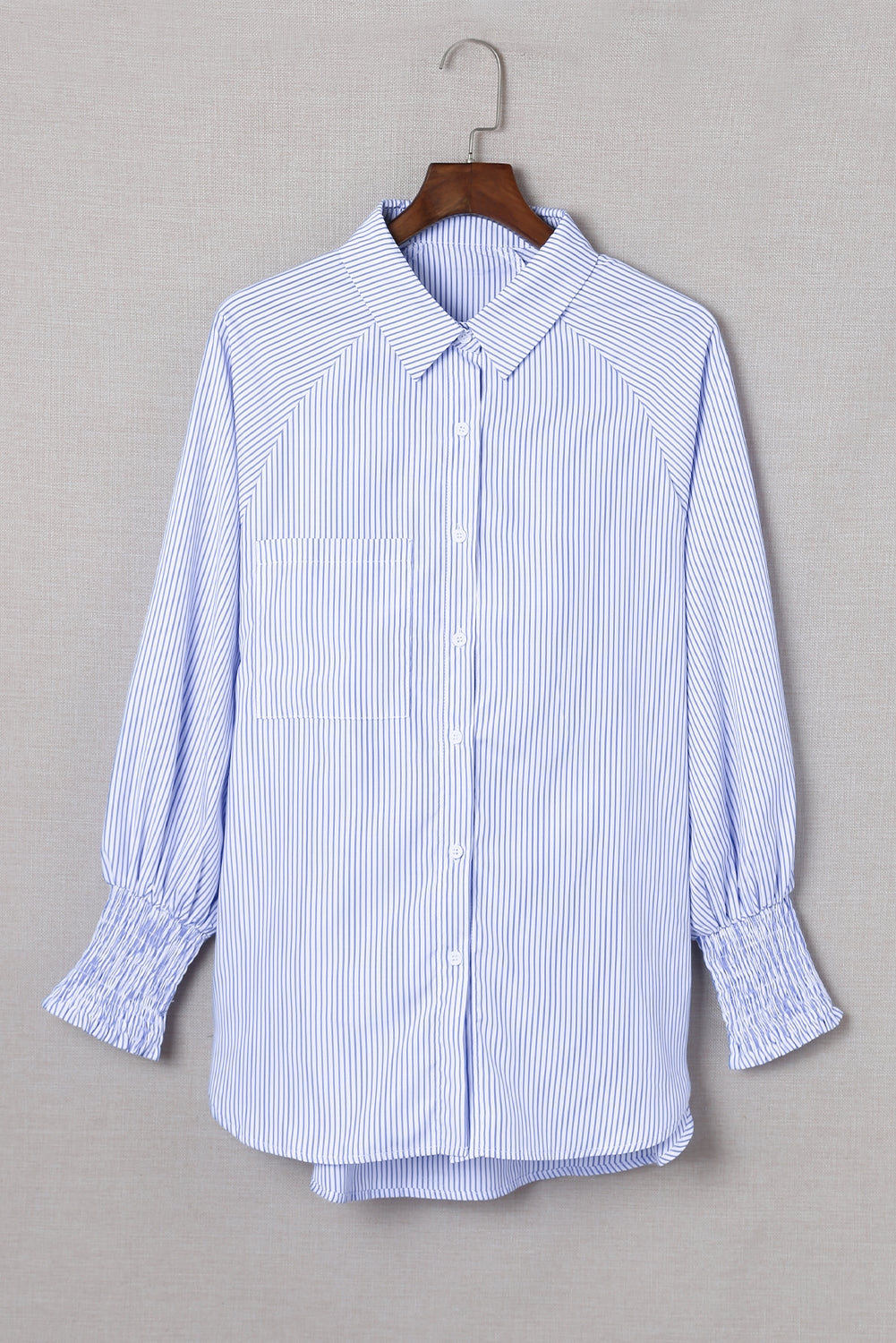 Pink Smocked Cuffed Striped Boyfriend Shirt with Pocket
