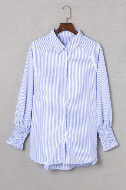 Pink Smocked Cuffed Striped Boyfriend Shirt with Pocket