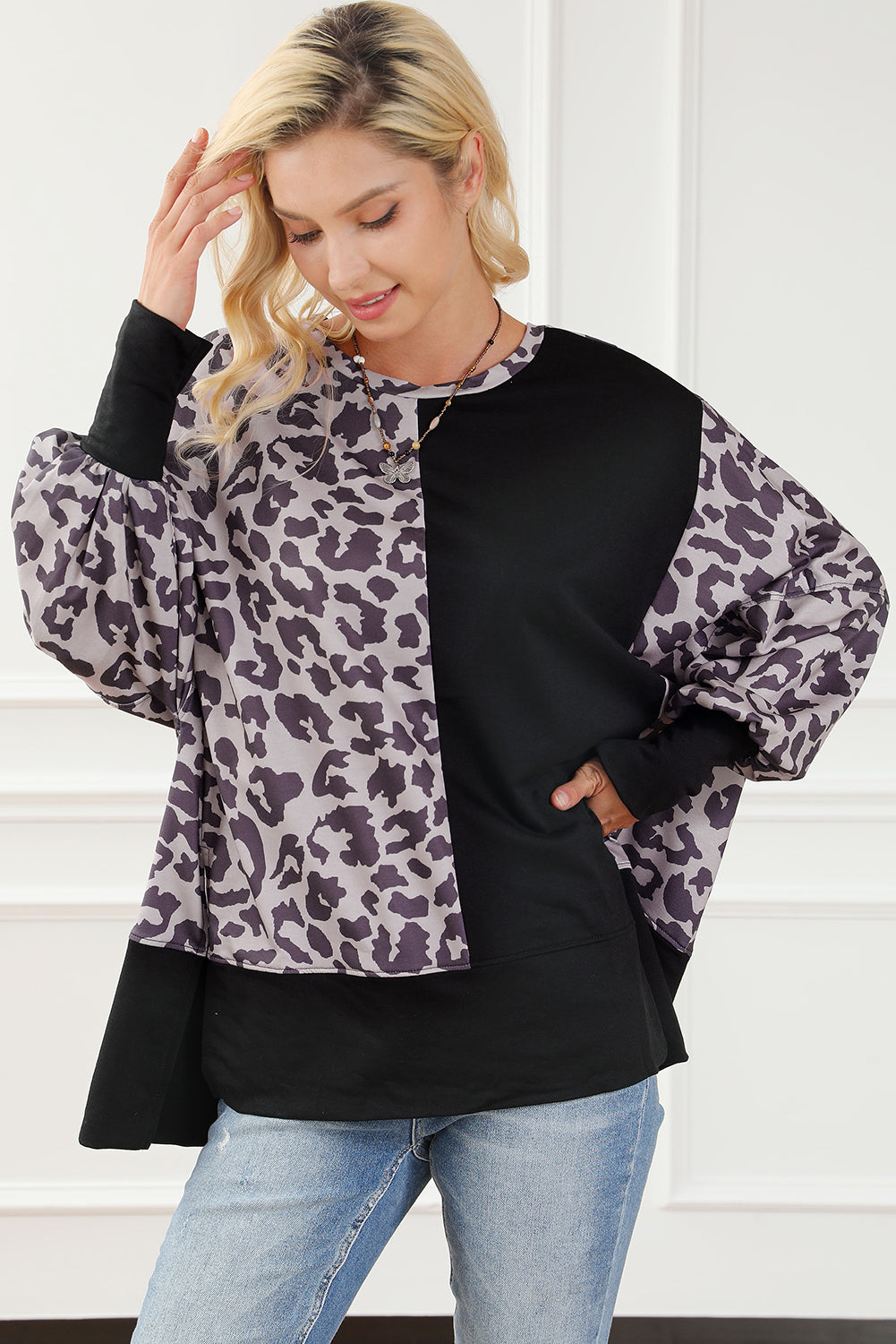 Black Merry Christmas Leopard Trees Graphic Sweatshirt