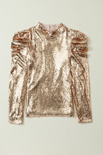 Black Sequin Mock Neck Bubble Sleeve Top