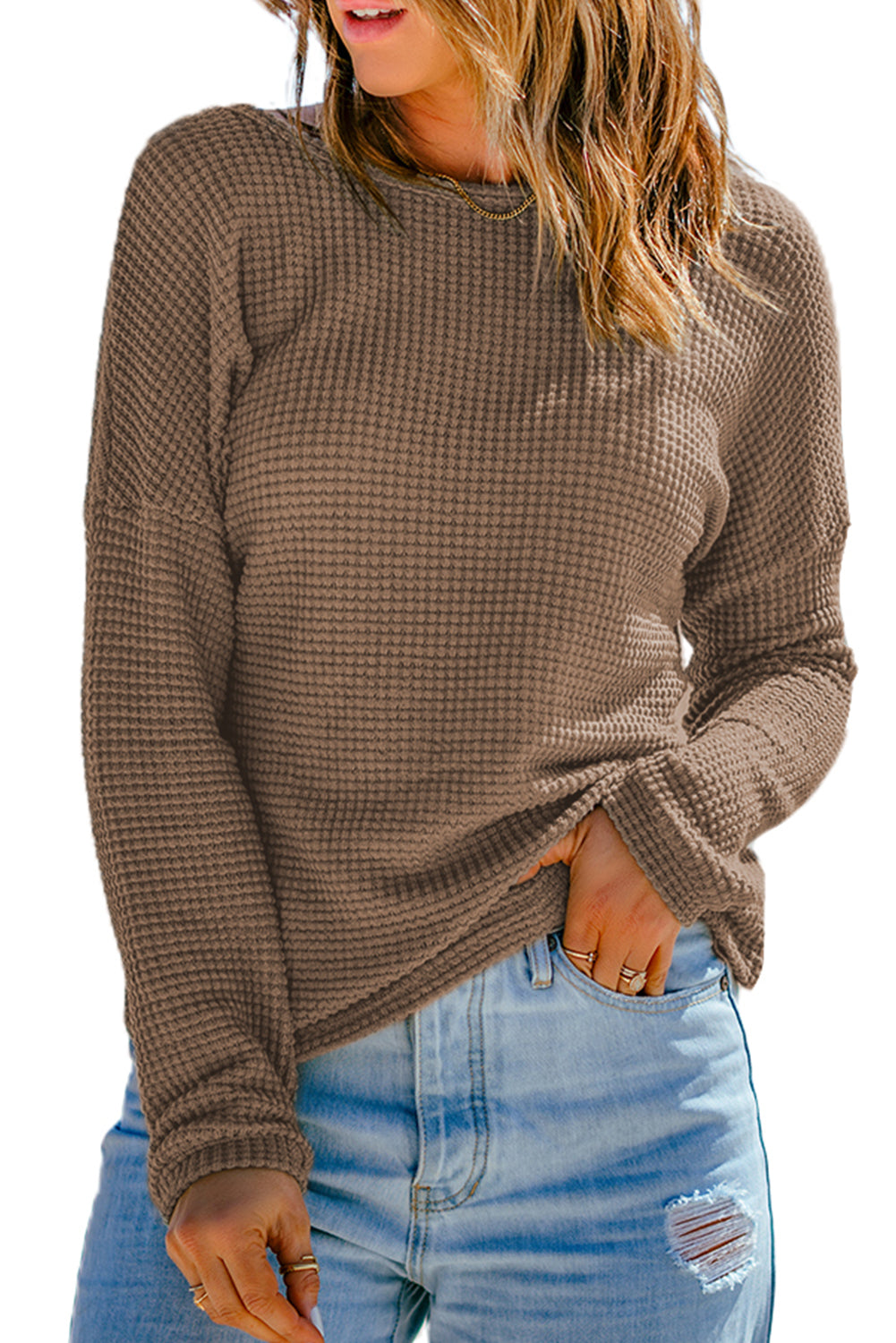 Fiery Red Waffle Knit Drop Shoulder Long Sleeve Top