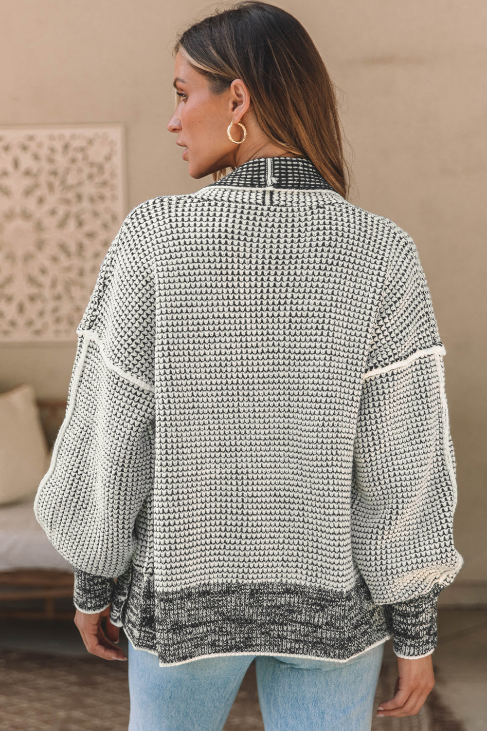 Gray Plaid Knitted Long Open Front Cardigan