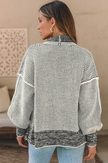 Gray Plaid Knitted Long Open Front Cardigan