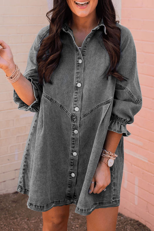 Gray Sequin Nutcracker Graphic Long Sleeve Shirt Denim Dress