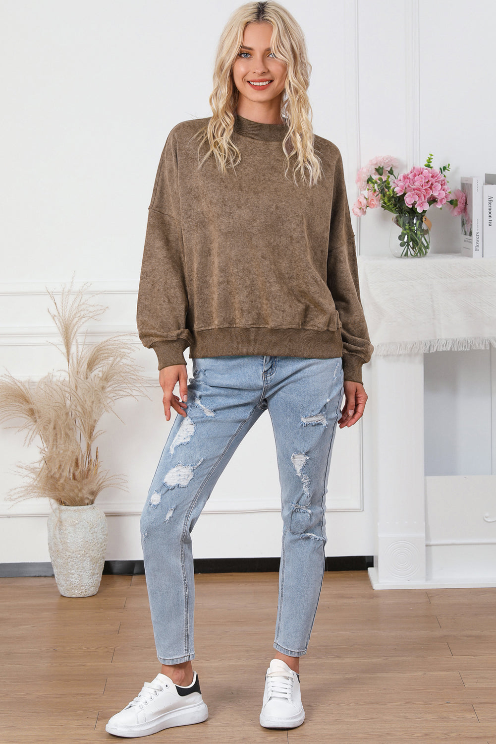Green Drop Shoulder Crew Neck Pullover Sweatshirt