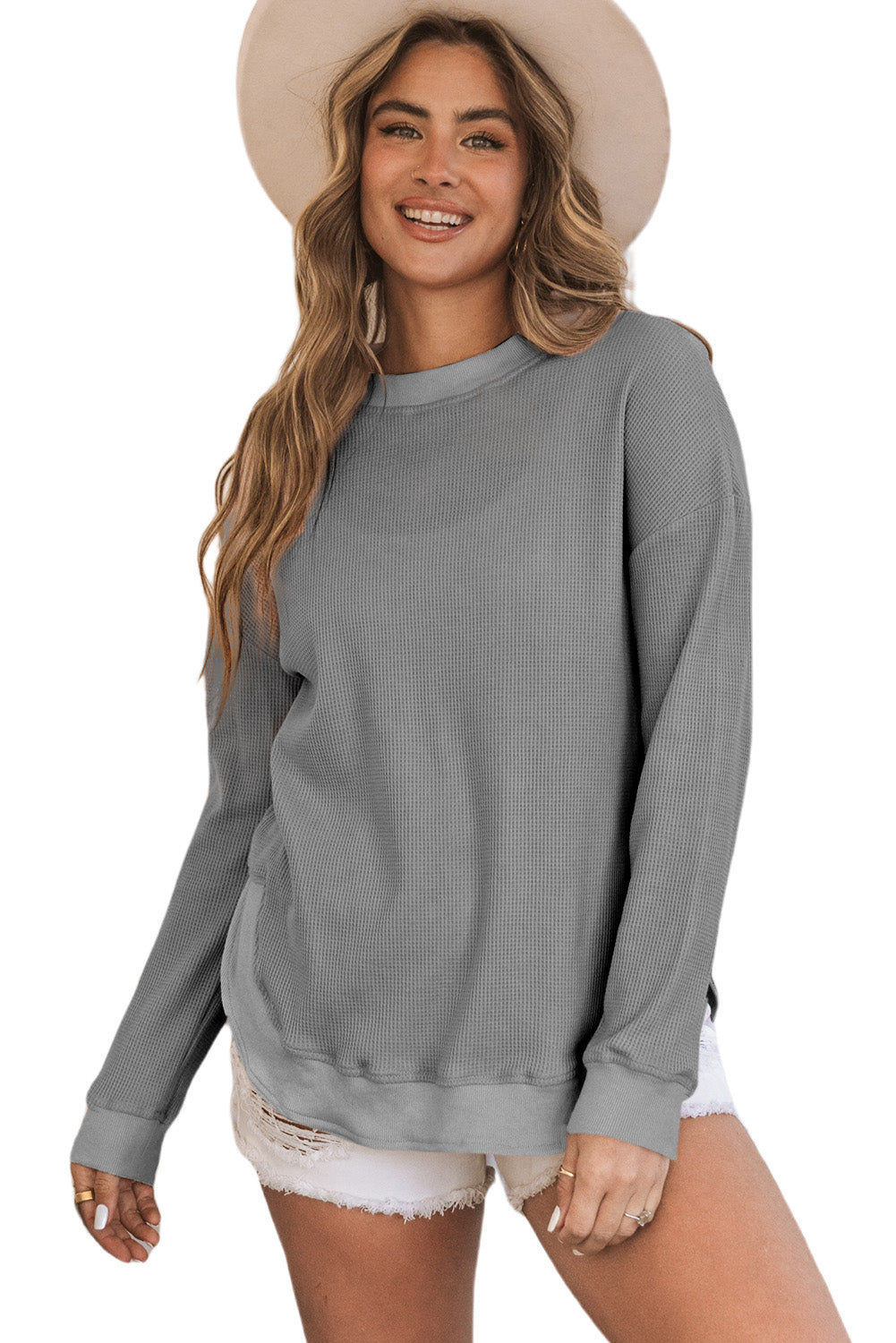 Pink Crew Neck Ribbed Trim Waffle Knit Top