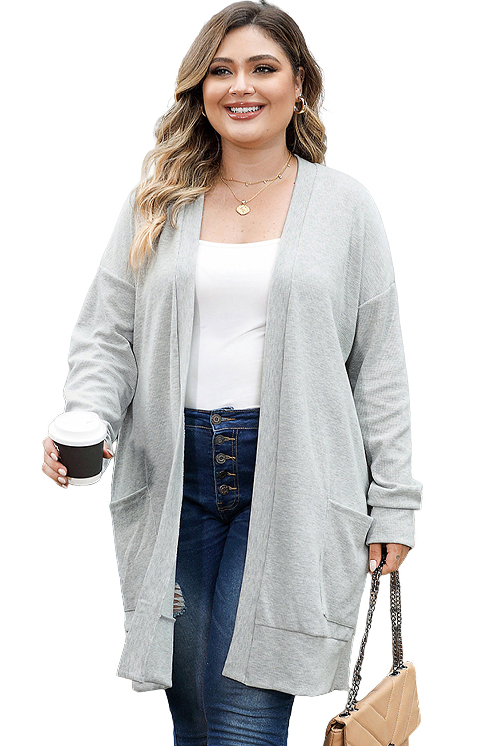 Light Gray Thermal Waffle Knit Pocketed Cardigan