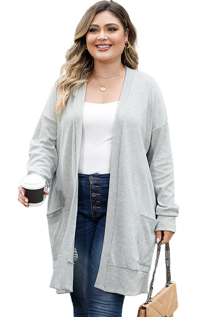 Light Gray Thermal Waffle Knit Pocketed Cardigan