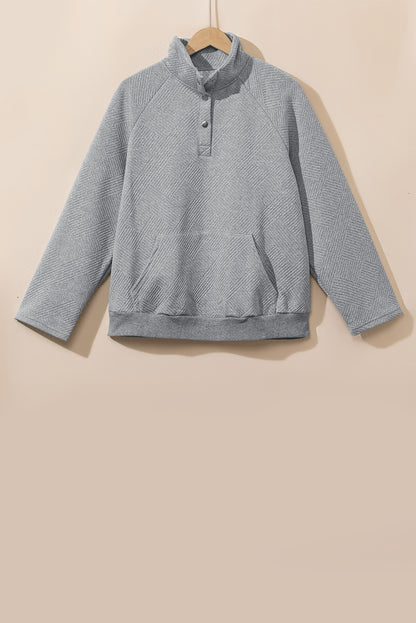 Light Grey Textured Knit Buttoned Kangaroo Pocket Sweatshirt