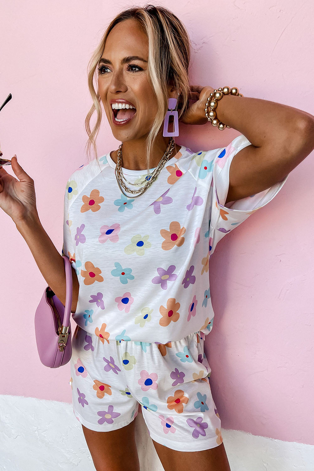 White Floral Long Sleeve Henley Top and Drawstring Shorts Set