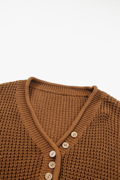 Khaki Pointelle Knit Button V Neck Drop Shoulder Sweater