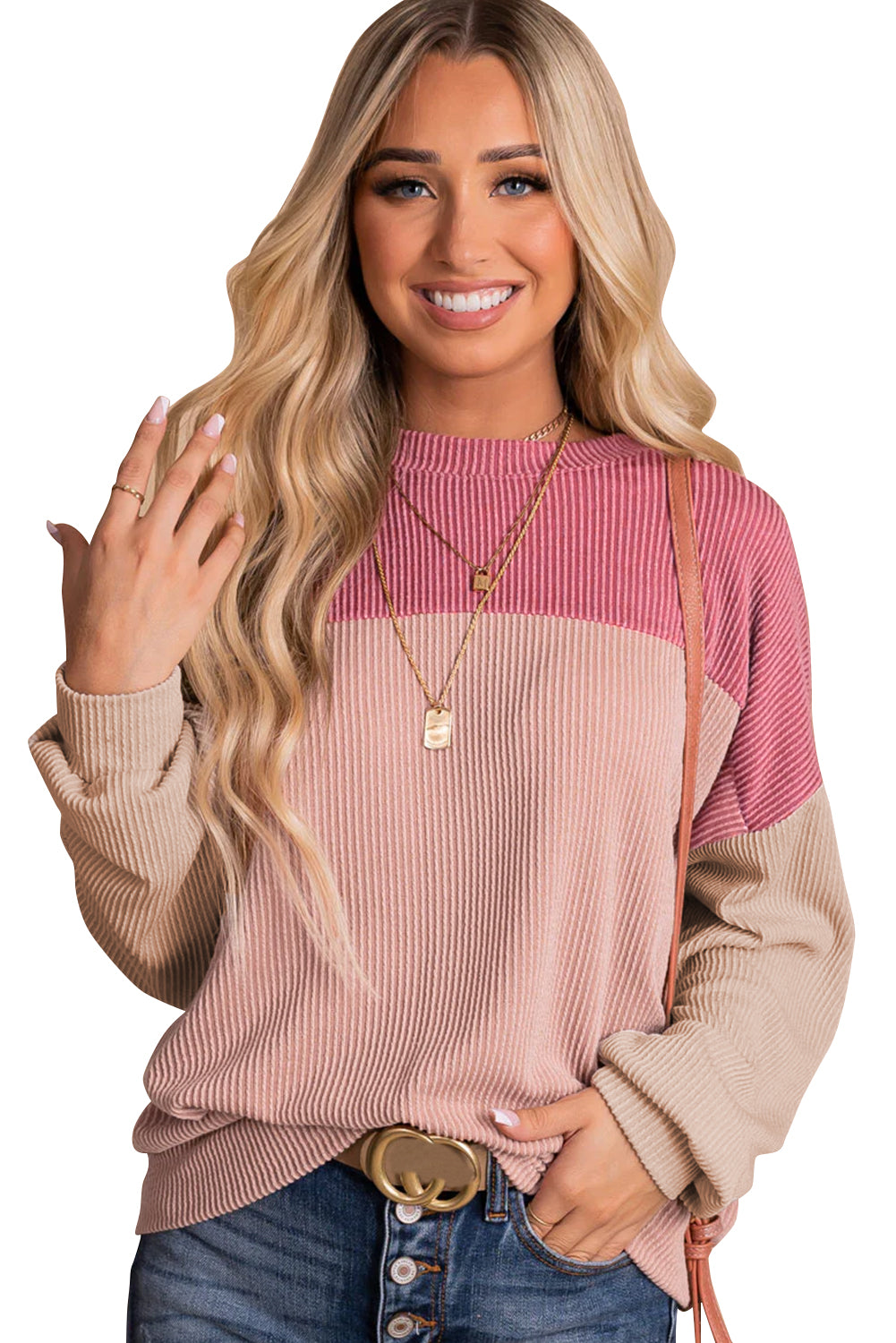 Mineral Red Plus Size Ribbed Colorblock Long Sleeve Top