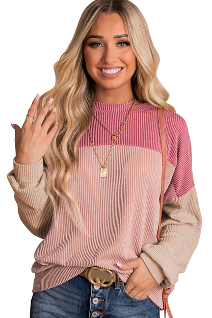 Mineral Red Plus Size Ribbed Colorblock Long Sleeve Top
