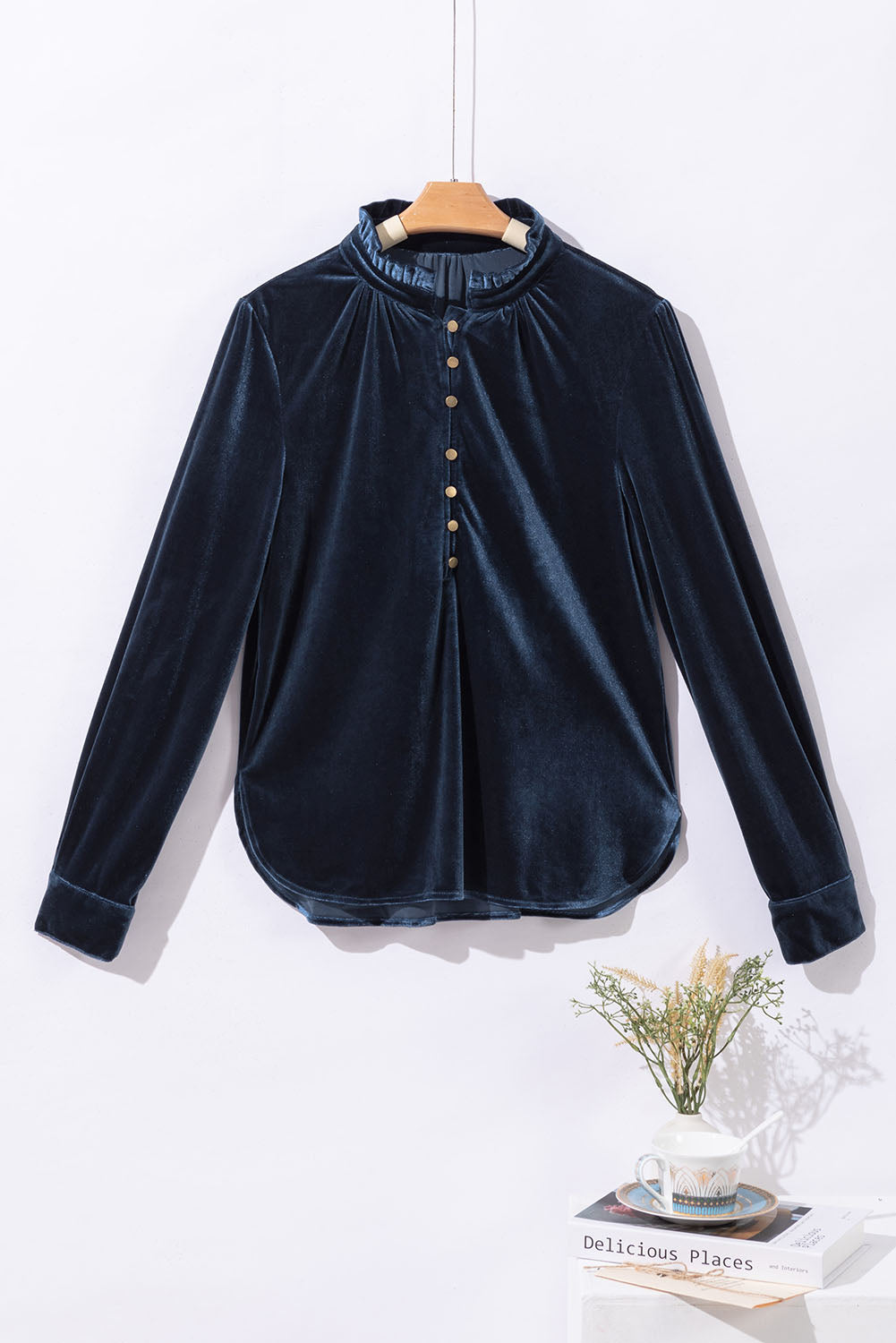 Burgundy Frilled Neck Buttoned Front Velvet Top