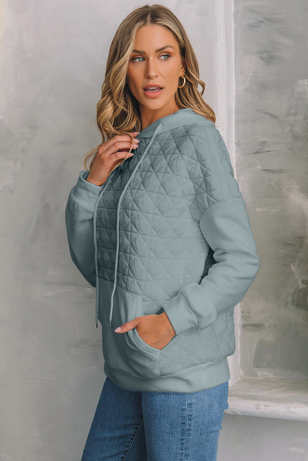 Coffee Solid Color Quilted Kangaroo Pocket Hoodie
