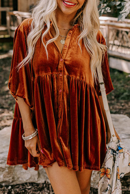Pale Khaki 3/4 Sleeve Tunic Babydoll Velvet Shirt
