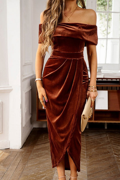 Blackish Green Velvet Off Shoulder Pleated Wrap Evening Dress