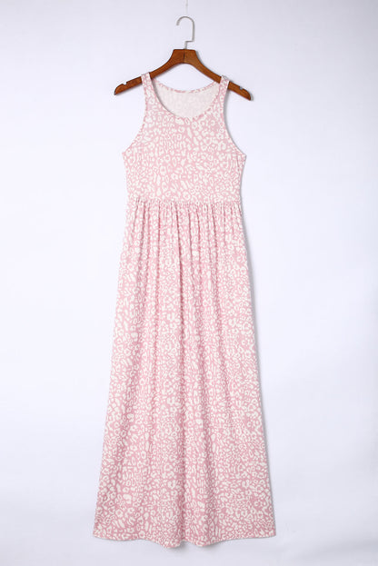Gray Leopard Print Pocketed Sleeveless Maxi Dress