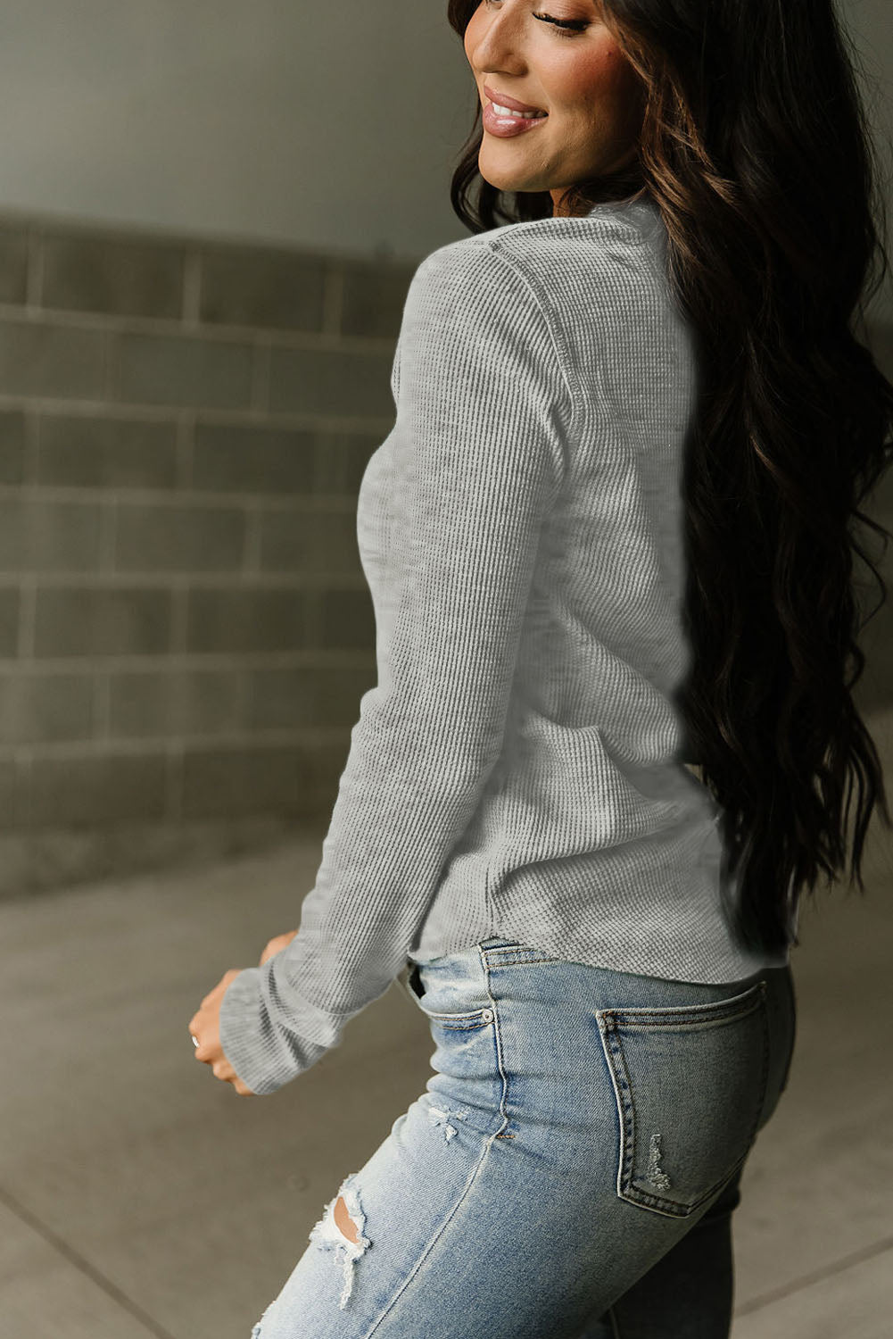 Black Trimmed Neckline Waffle Knit Henley Top