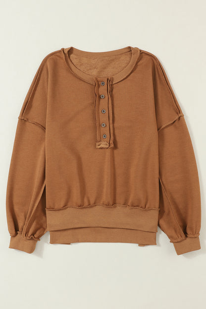 Black Drop Shoulder Henley Buttons Sweatshirt