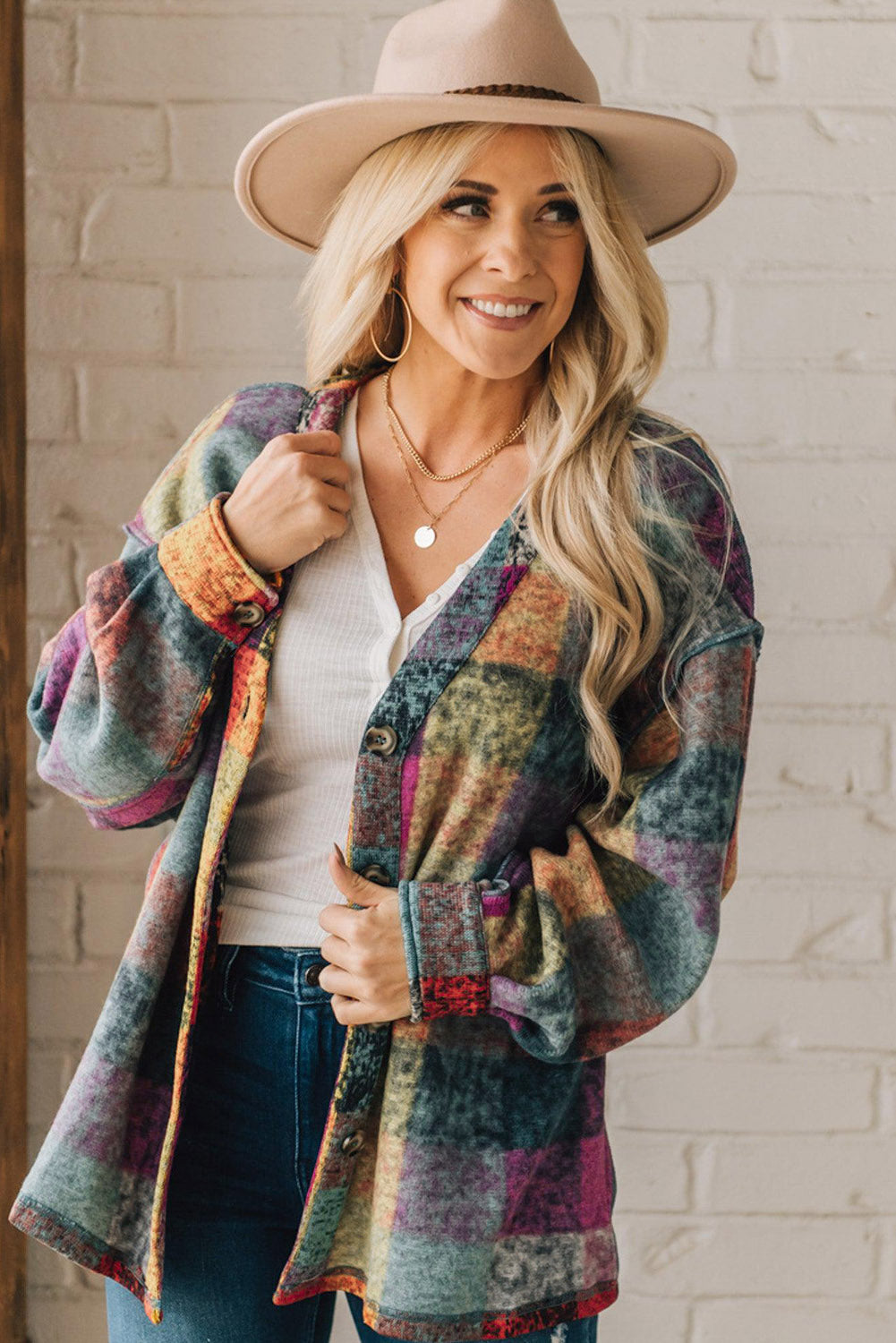 Multicolor Brushed Plaid Buttoned Pullover Oversized Hoodie