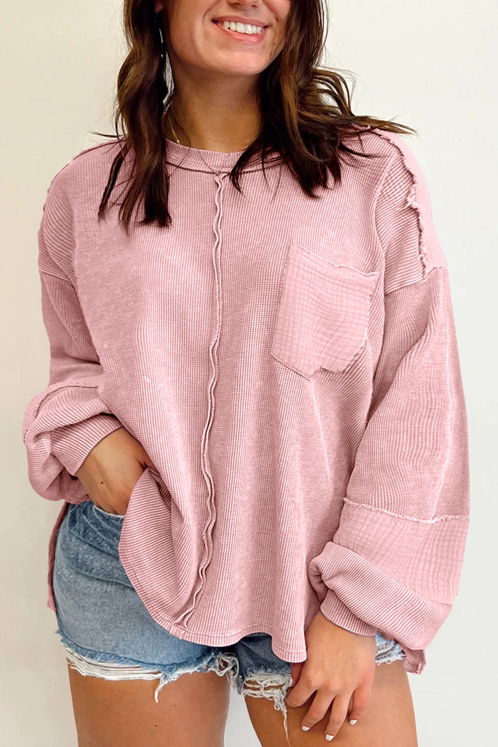 Gray Exposed Seam Patchwork Bubble Sleeve Waffle Knit Top