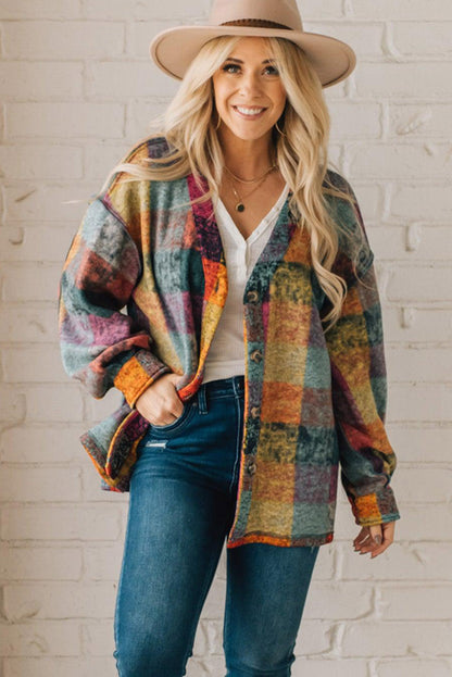 Multicolor Brushed Plaid Buttoned Pullover Oversized Hoodie
