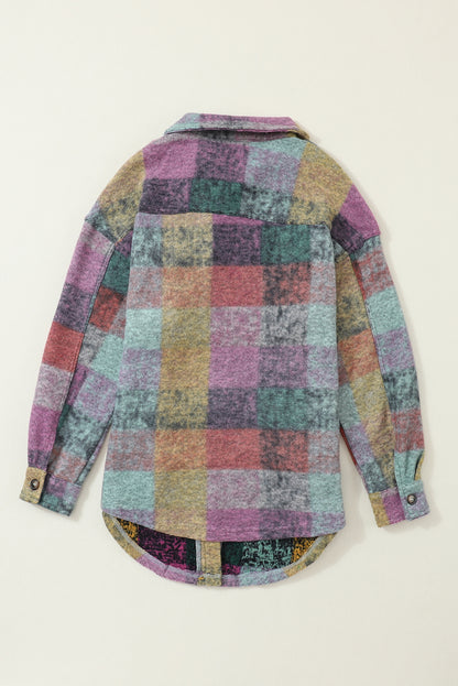 Multicolor Brushed Plaid Buttoned Pullover Oversized Hoodie
