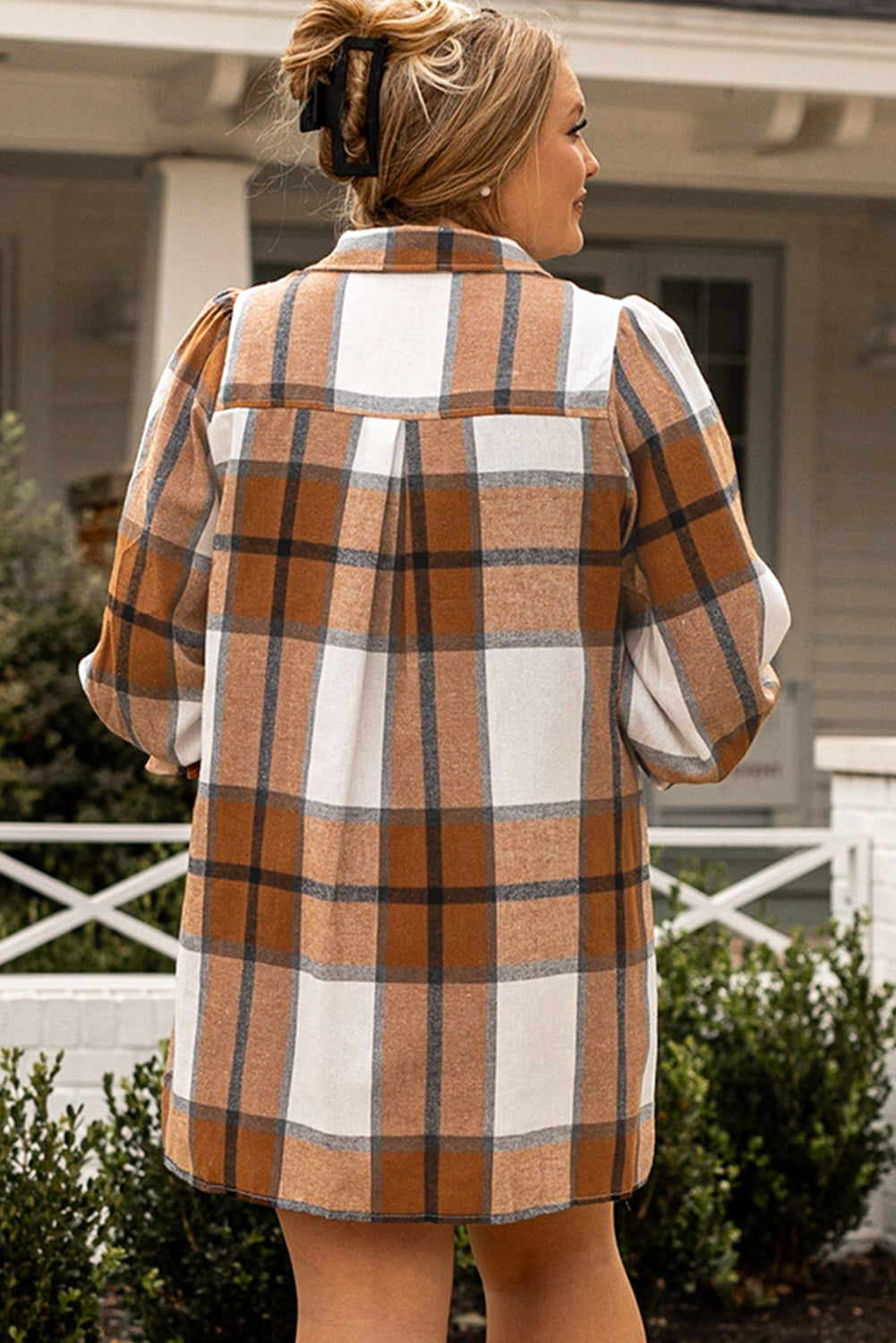 Khaki Plaid Pattern Collared Neck Ruffled Sleeve Shirt Dress