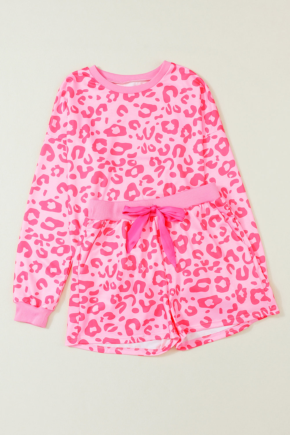 Leopard Print Zipped Split Neck Drawstring Pants Set