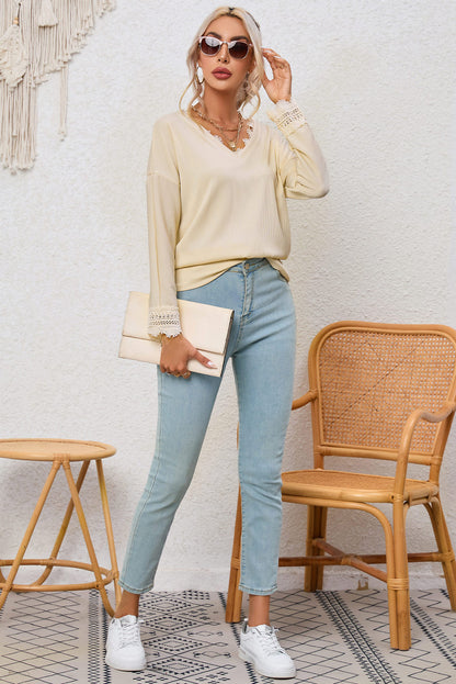 Black Ribbed Texture Lace Trim V Neck Long Sleeve Top