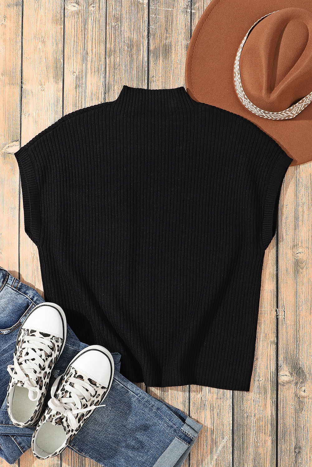 Blackish Green Patch Pocket Ribbed Knit Short Sleeve Sweater