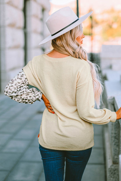Khaki Ribbed Color Block Leopard Splicing Plus Size Top