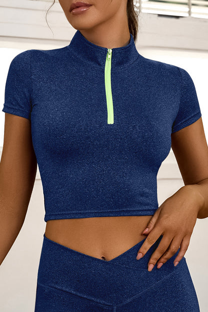 Blue Half Zipper Short Sleeve Active Crop Top